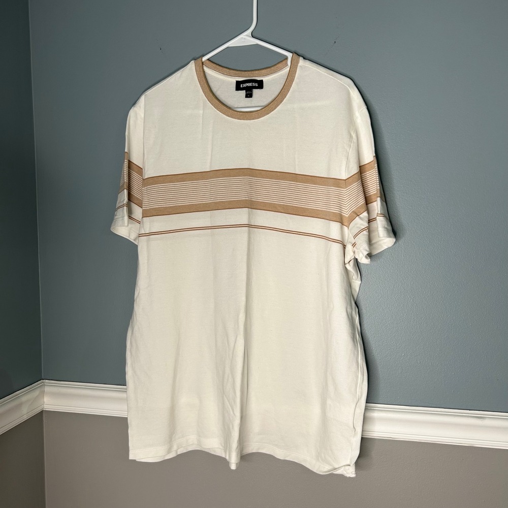 Express Mens XL White Tan Striped Crewneck T-Shirt Cotton Modal Stretch Tee